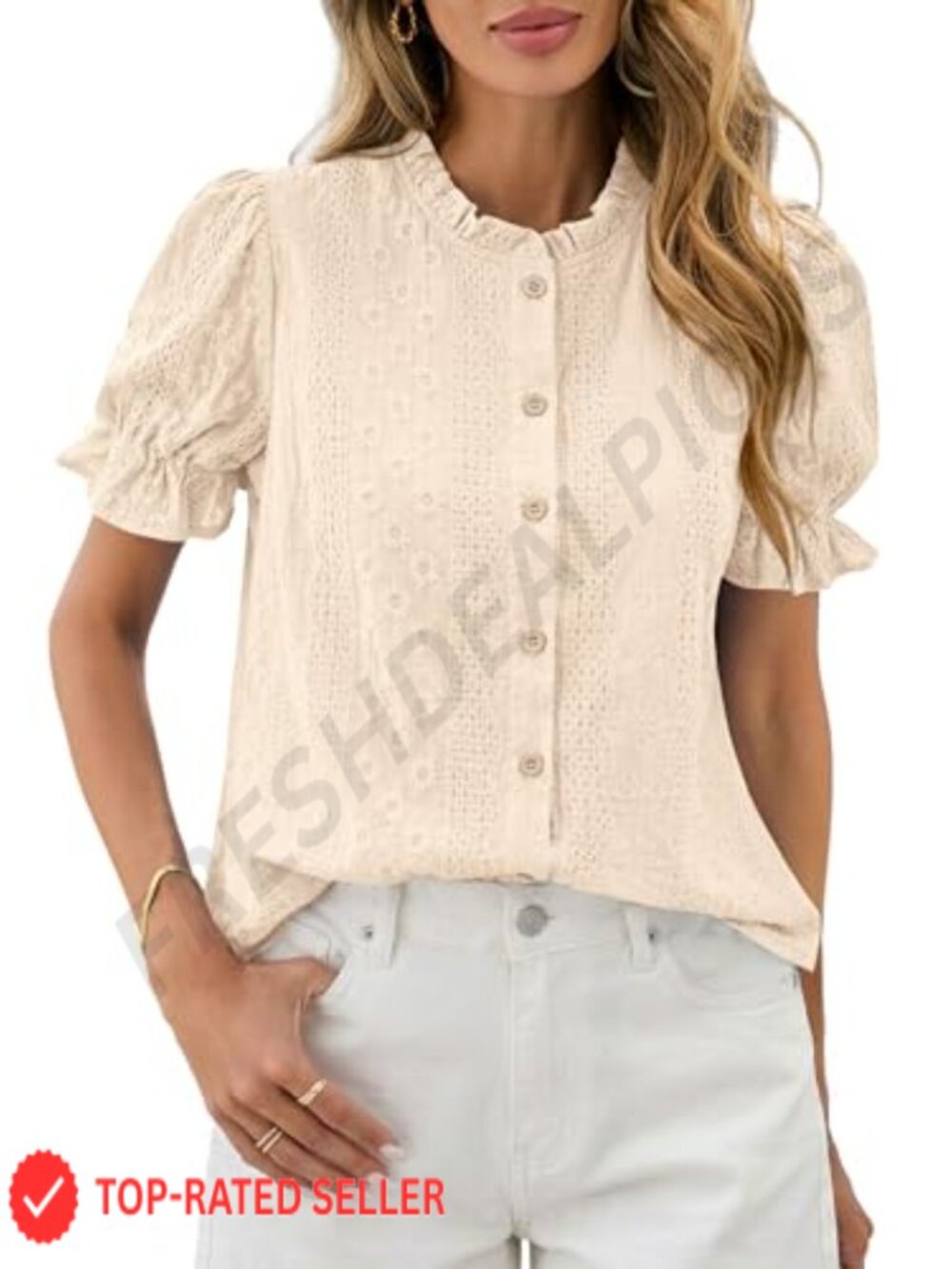 Womens Embroidered Puff Short Sleeve Blouse - 100% Cotton Button Up Floral Top